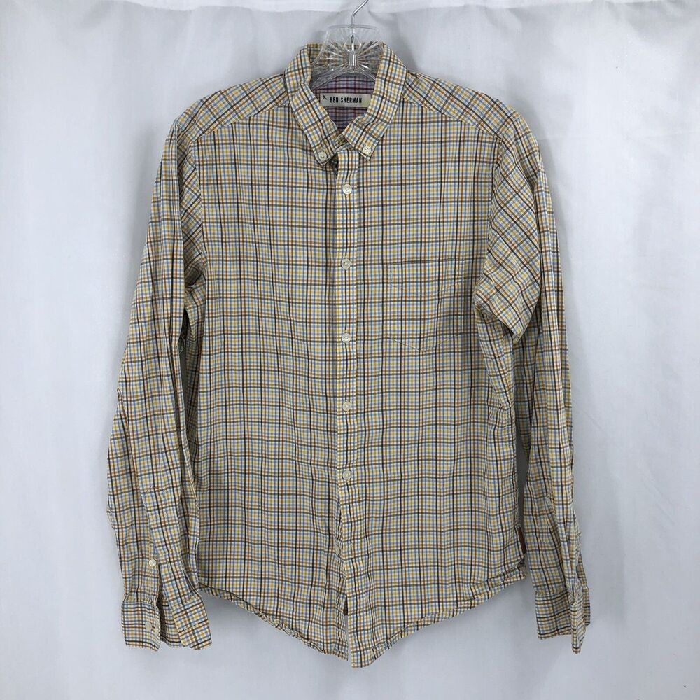 Ben Sherman Button Down Shirt Pastel Orange Blue Brown Plaid Long Sleeve Small